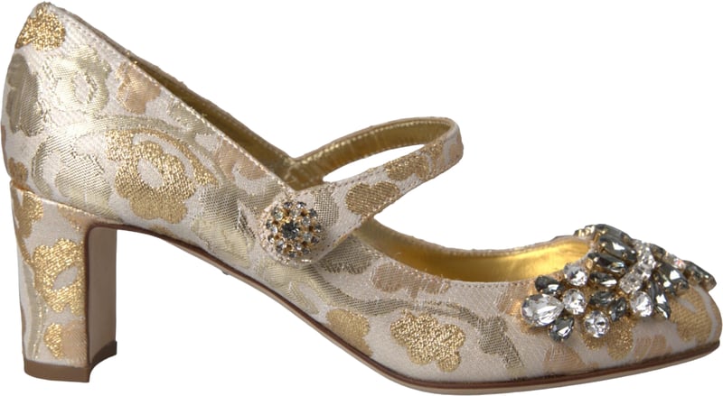 Dolce & Gabbana Gold Jacquard Crystal Mary Janes Pumps Shoes