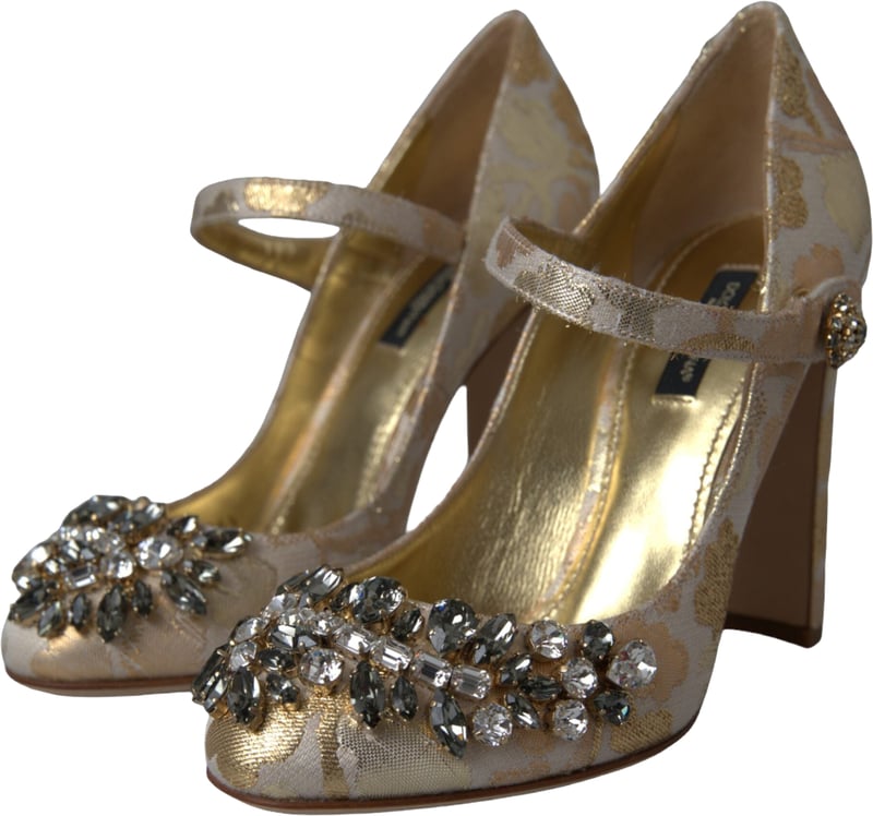 Dolce & Gabbana Gold Jacquard Crystal Mary Janes Pumps Shoes