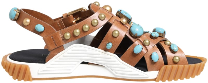 Dolce & Gabbana Brown Leather Studded Slides Sandals Shoes