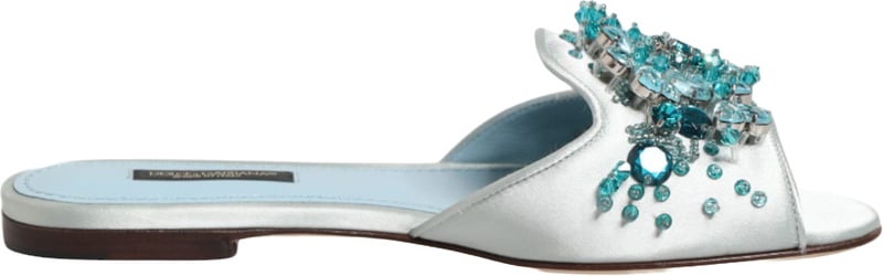 Dolce & Gabbana Silver Blue Leather Bead Embellish Slide Shoes