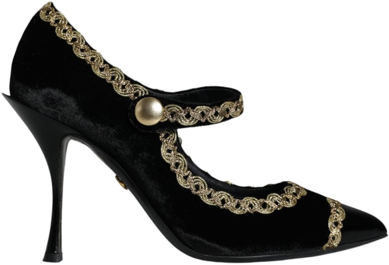 Dolce & Gabbana Black Mary Janes Velvet Gold Pumps Shoes