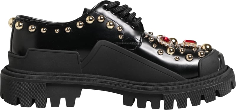 Dolce & Gabbana Black Leather Jeweled Crystals Derby Shoes
