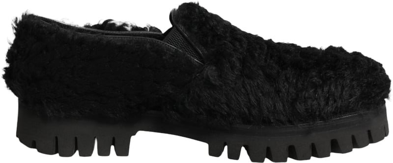 Dolce & Gabbana Dress Black Fur Leather Slippers Men Shoes