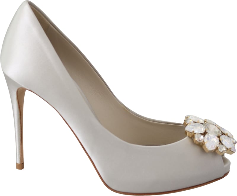 Dolce & Gabbana White Crystals Peep Toe Heels Satin Pumps Shoes