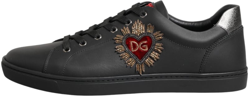 Dolce & Gabbana Black Leather Heart Embellished Sneakers Shoes