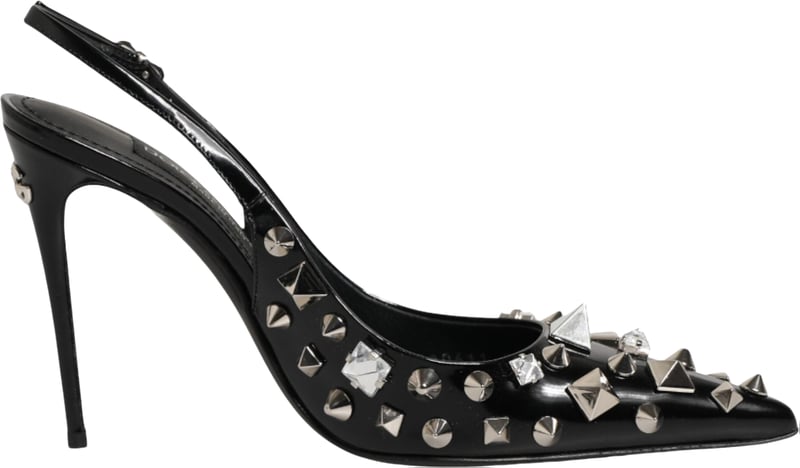 Dolce & Gabbana Black Studded Leather Heels Slingbacks Shoes