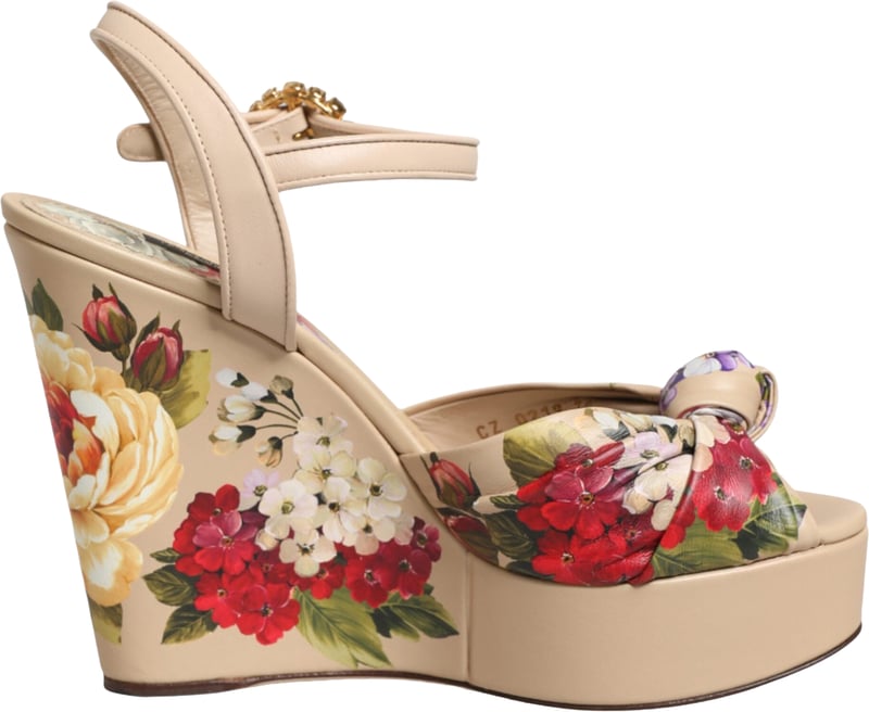 Dolce & Gabbana Beige Floral Ankle Strap Wedge Sandals Shoes