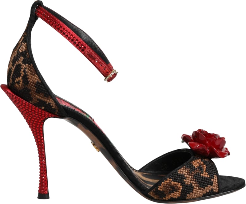 Dolce & Gabbana Brown Leopard Crystal Roses Sandals Shoes