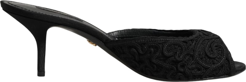 Dolce & Gabbana Black Embroidered Slip On Heels Slides Shoes