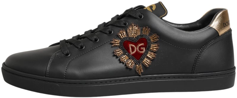 Dolce & Gabbana Black Leather Heart Embellished Sneakers Shoes