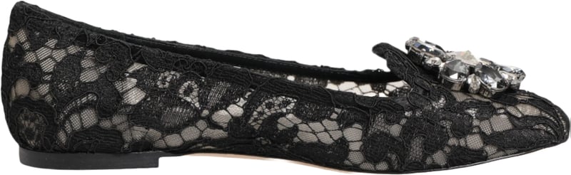 Dolce & Gabbana Black Taormina Lace Crystals Flats Shoes