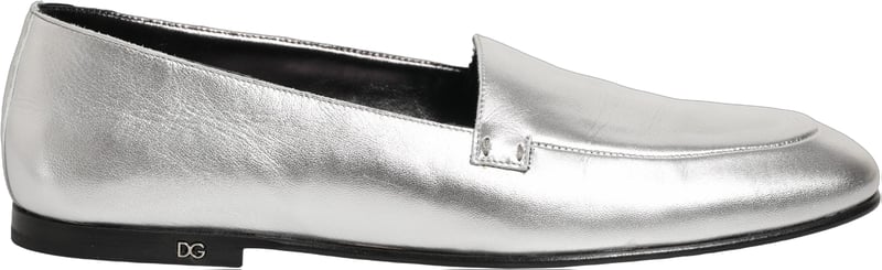 Dolce & Gabbana Silver Leather DG Logo Slip On Loafers Shoes