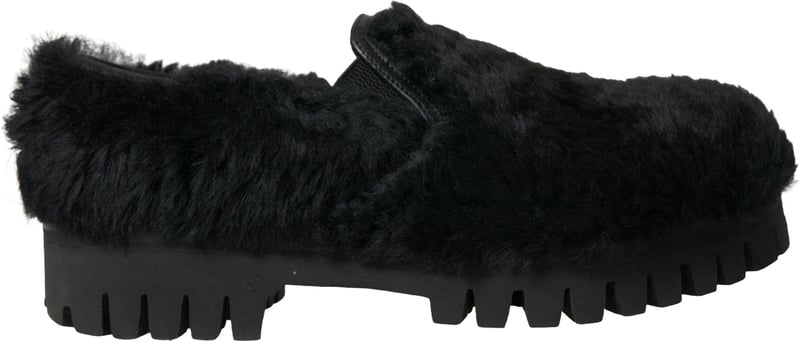 Dolce & Gabbana Black Fur Leather Slippers Dress Shoes