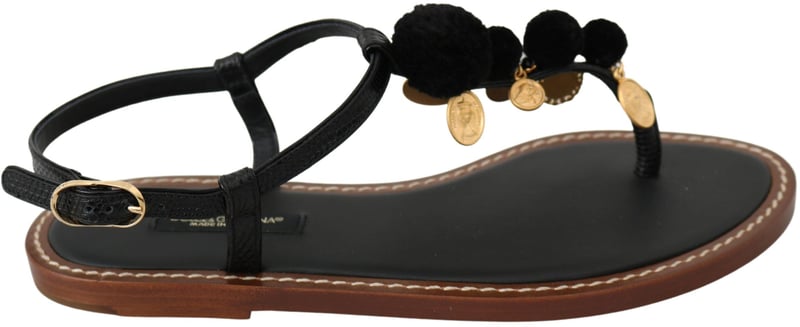 Dolce & Gabbana Black Leather Coins Flip Flops Sandals Shoes