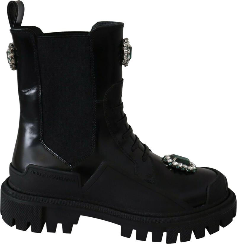 Dolce & Gabbana Black Leather Crystal Combat Boots