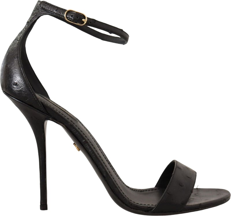 Dolce & Gabbana Black Ostrich Ankle Strap Heels Sandals Shoes