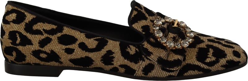 Dolce & Gabbana Gold Leopard Print Crystals Loafers Shoes