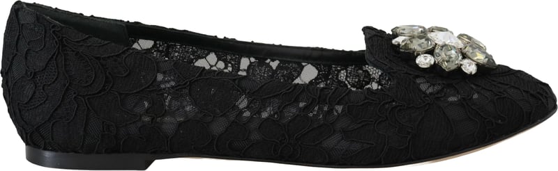 Dolce & Gabbana Black Taormina Lace Crystals Flats Shoes