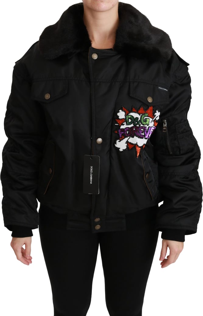 Dolce & Gabbana Black Queen Crown Sequined Bomber Jacket