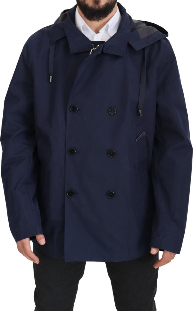 Dolce & Gabbana Blue Hooded Double Breasted Coat Jacket