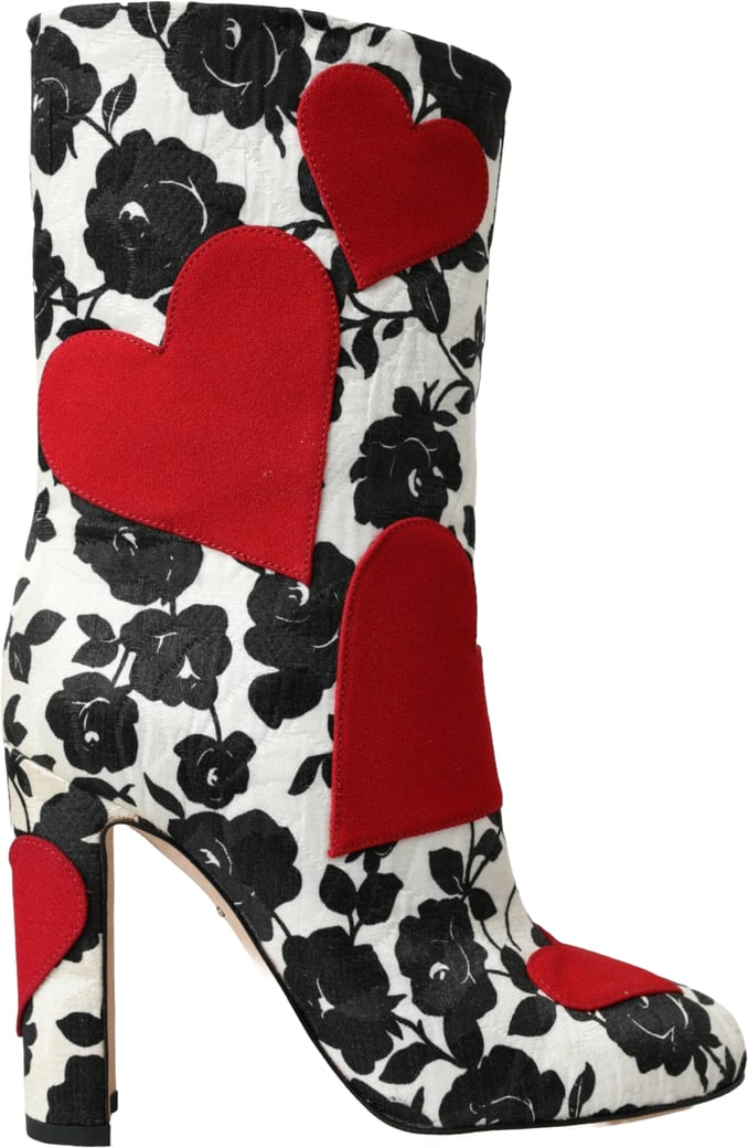Dolce & Gabbana White Floral Hearts Leather High Boots Shoes