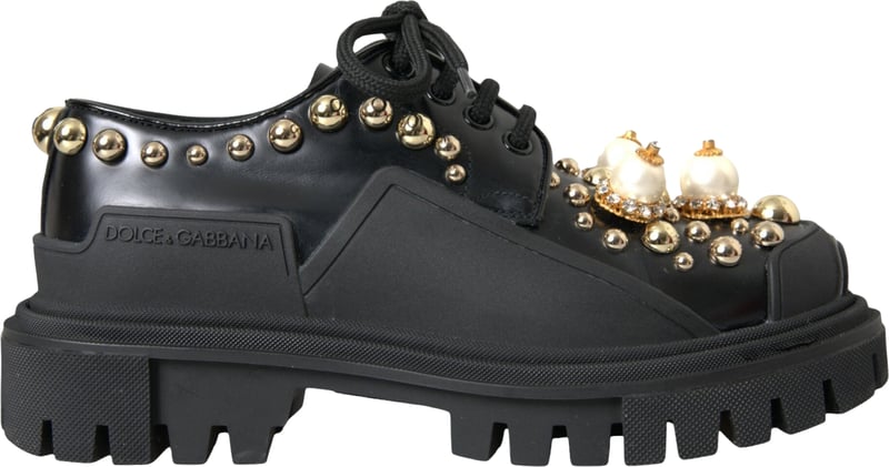 Dolce & Gabbana Black Leather Trekking Derby Embellished Shoes