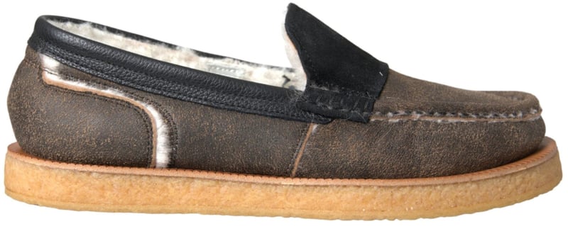 Dolce & Gabbana Brown Black Fur Leather Loafers Men Shoes