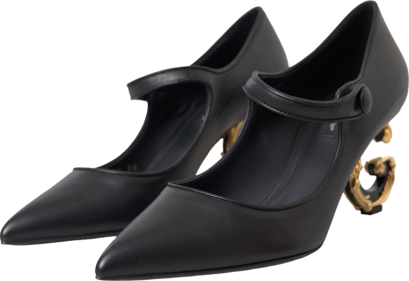 Dolce & Gabbana Black Leather Logo Heels Mary Janes Pumps Shoes