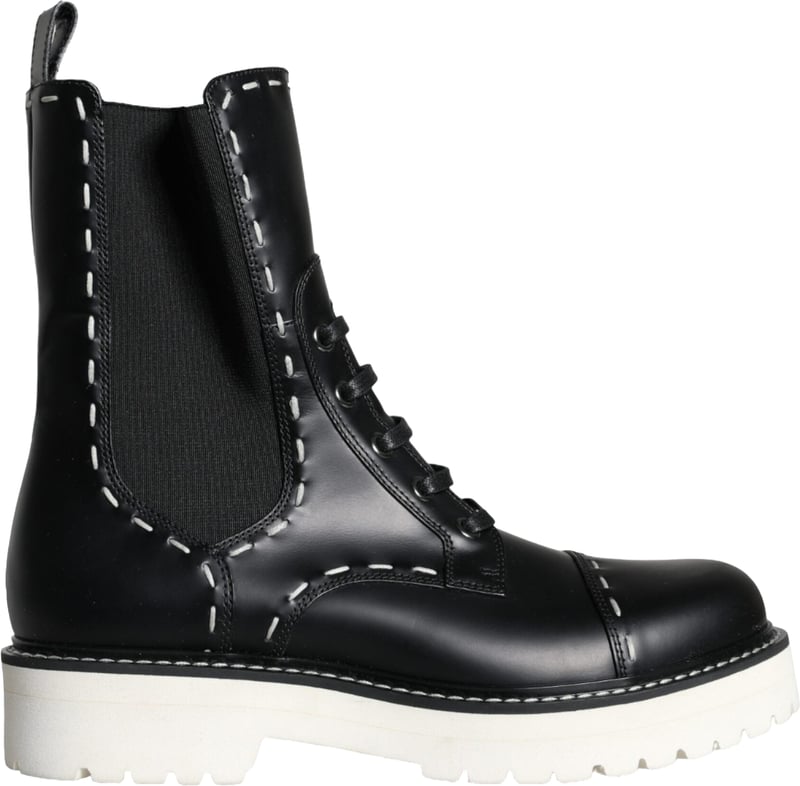 Dolce & Gabbana Black Leather Combat Mid Calf Boots Shoes
