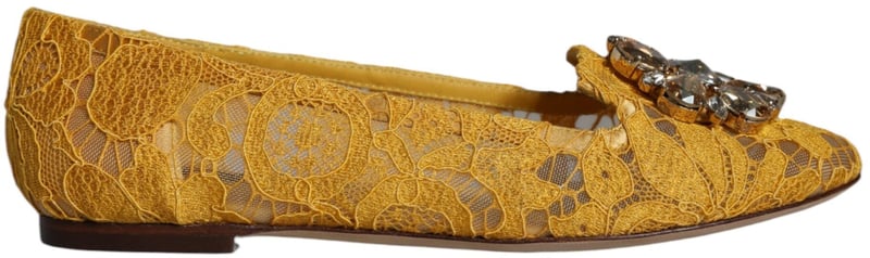 Dolce & Gabbana Mustard Lace Crystal Ballet Flats Loafer Shoes