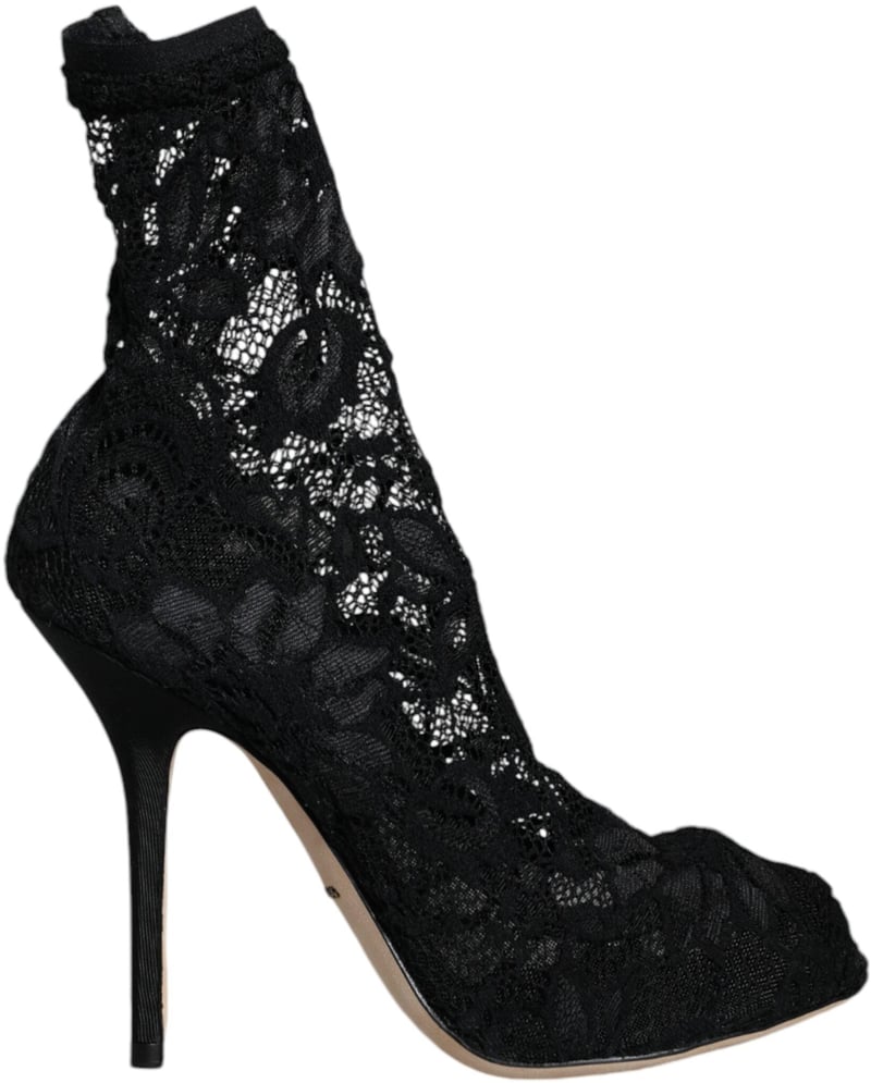 Dolce & Gabbana Black Lace Stretch Heels Mid Calf Boot Shoes