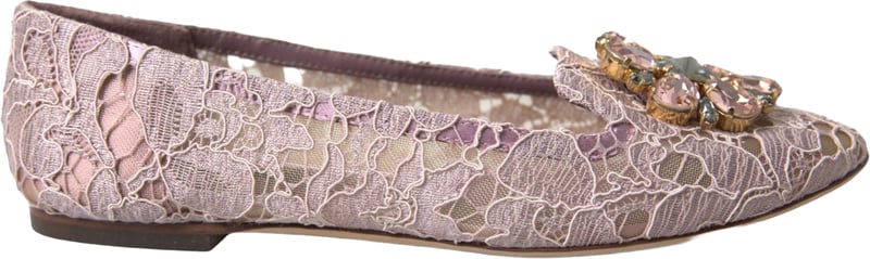 Dolce & Gabbana Pink Lace Crystal Ballet Flats Loafers Shoes
