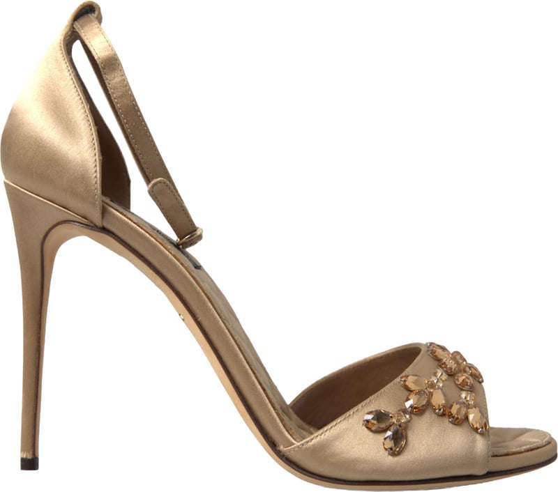 Dolce & Gabbana Gold Satin Ankle Strap Crystal Sandals Shoes