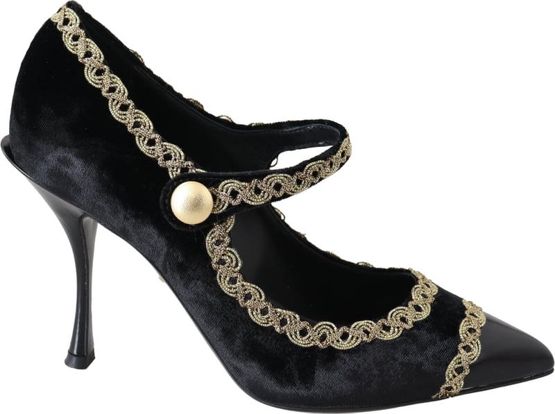 Dolce & Gabbana Black Velvet Gold Mary Janes Pumps