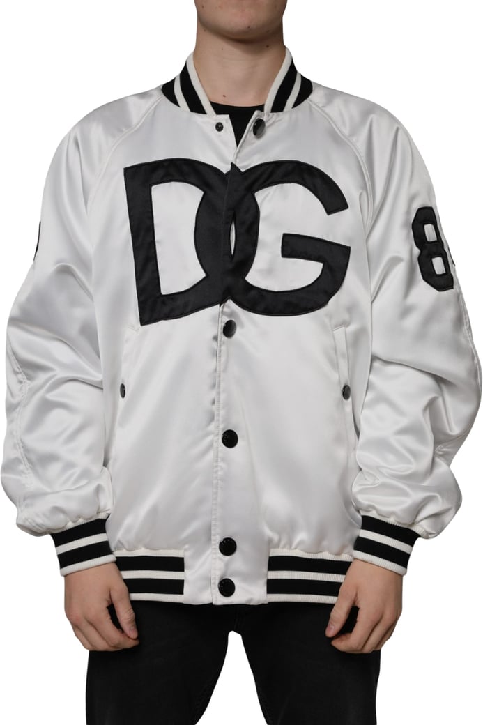 Dolce & Gabbana White Polyester Logo Full Zip Bomber Jacket
