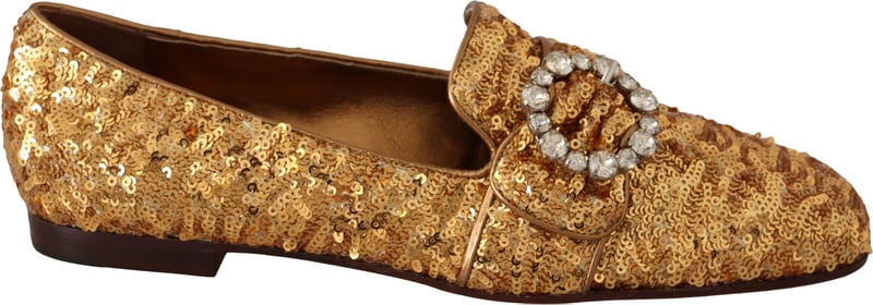 Dolce & Gabbana Gold Sequin Crystal Flat Women Loafers Shoes