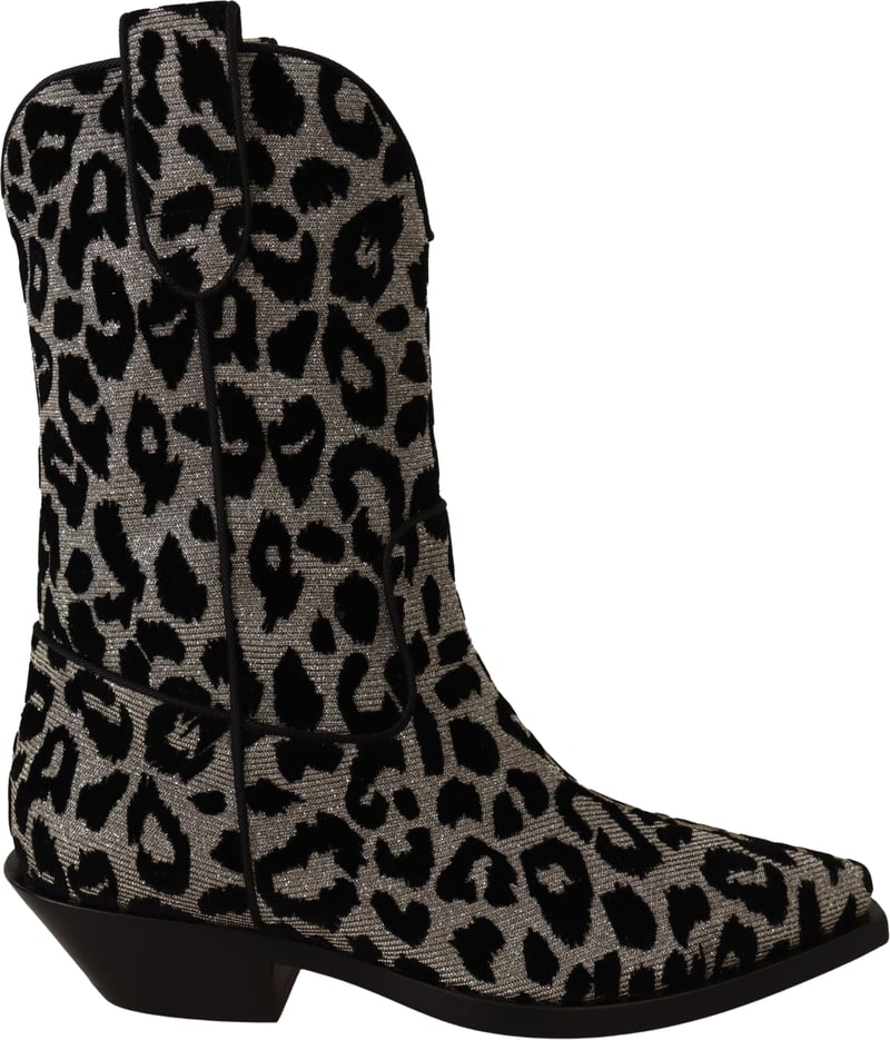 Dolce & Gabbana Gray Black Leopard Cowboy Boots Shoes