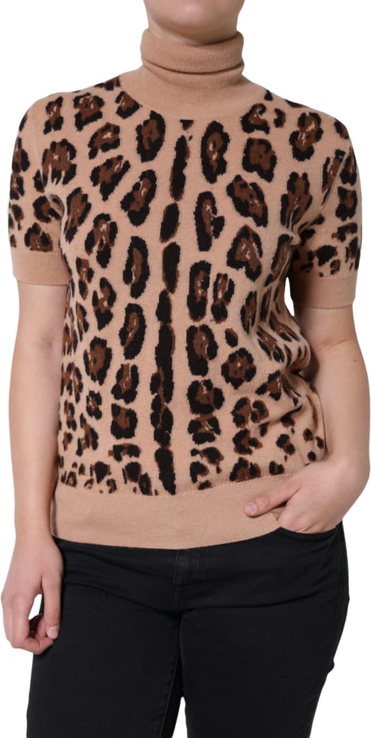 Dolce & Gabbana Beige Leopard Print Wool Turtleneck Top