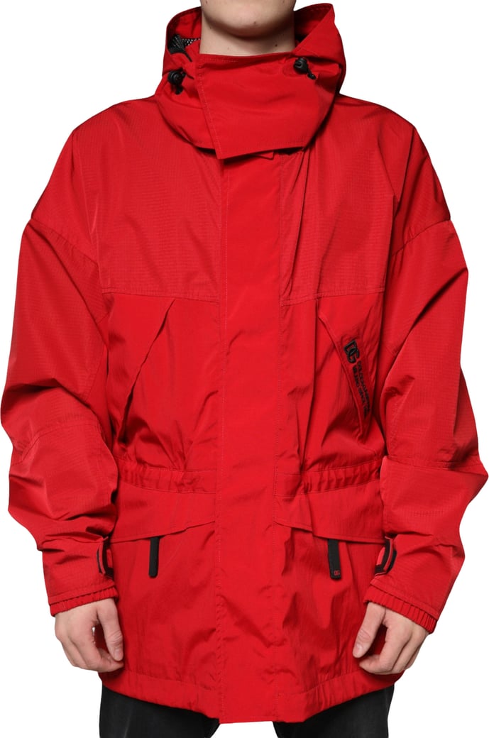 Dolce & Gabbana Red Nylon Hooded Men Full Zip Parka Jacket