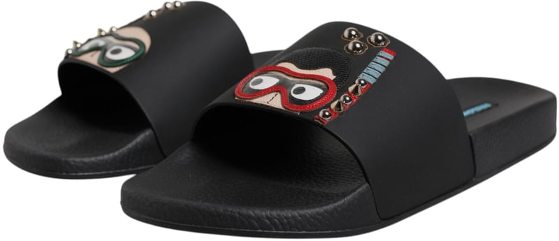 Dolce & Gabbana Black Divers Leather Flats Slides Sandals Beachwear Shoes