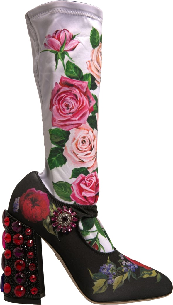 Dolce & Gabbana Black Floral Socks Crystal Boots Jersey Shoes