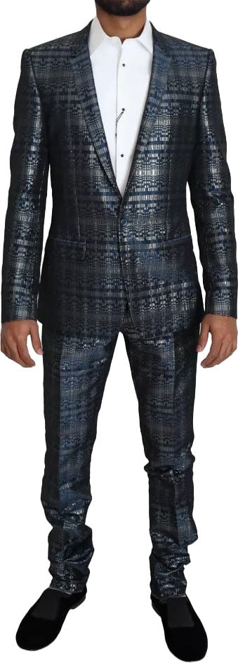 Dolce & Gabbana Blue Silver Shiny 2 Piece Slim GOLD Suit