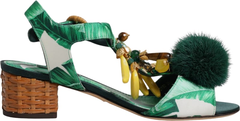 Dolce & Gabbana Green Crystal Fur Embellished Sandals Shoes