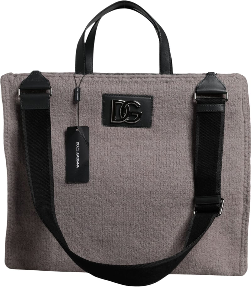 Dolce & Gabbana Grey Alpaca Wool Logo Plaque Tote Shoulder Bag