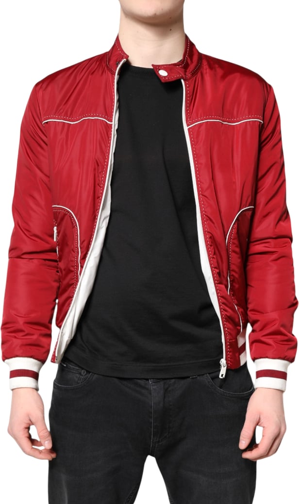 Dolce & Gabbana Red White Nylon Full Zip Men Bomber Jacket