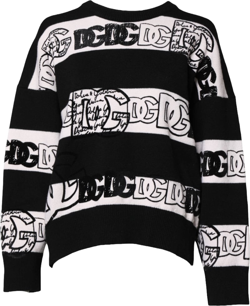 Dolce & Gabbana Black White Logo Print Wool Pullover Sweater