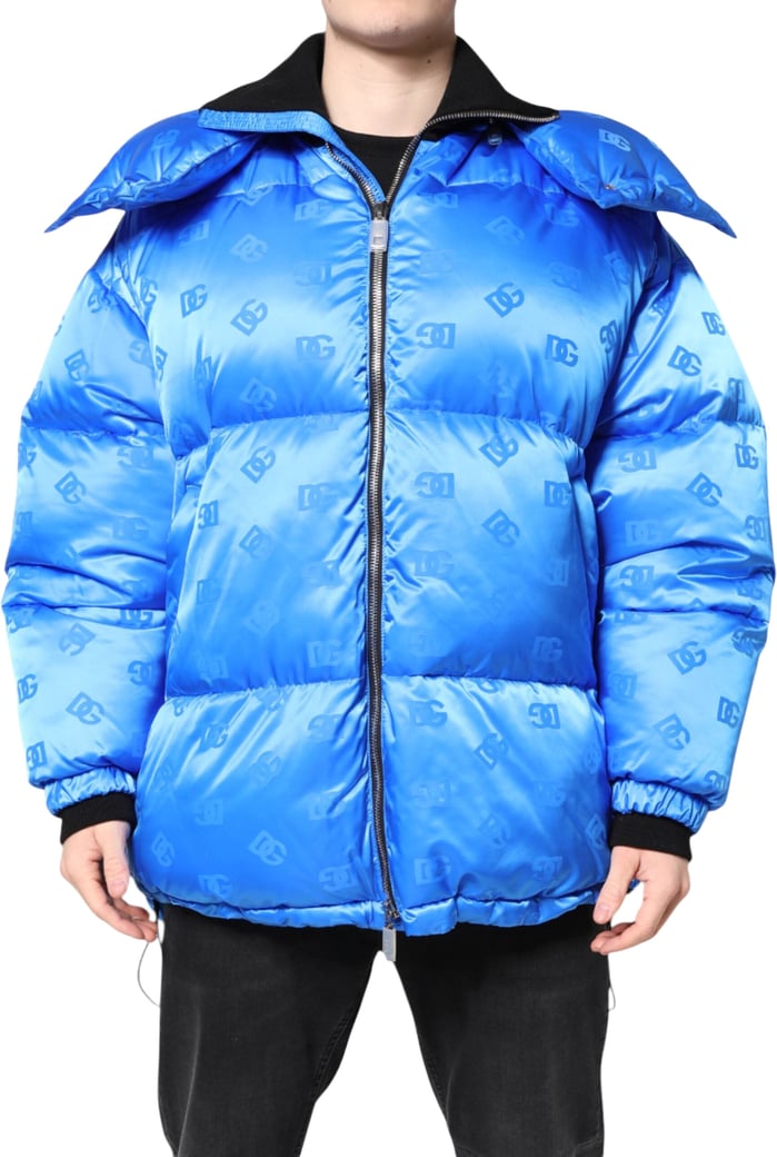 Dolce & Gabbana Blue Logo Full Zip Hooded Quilted Jacket