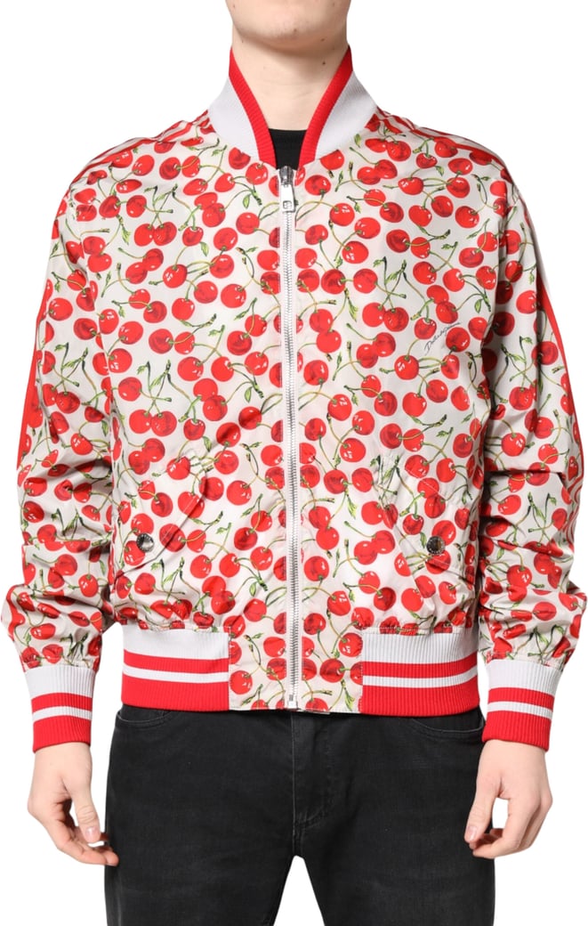 Dolce & Gabbana White Cherry Print Full Zip Bomber Jacket