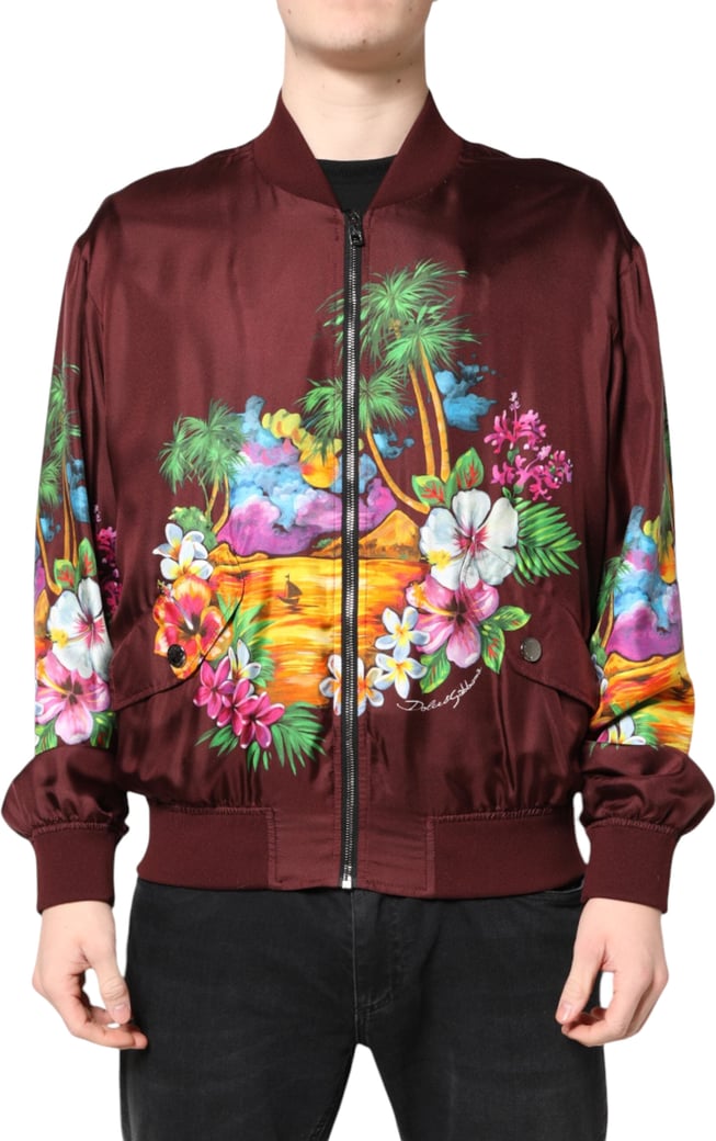 Dolce & Gabbana Maroon Floral Print Full Zip Bomber Jacket