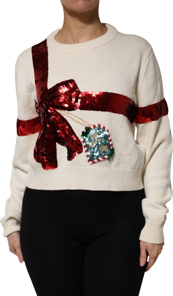 Dolce & Gabbana White Sequined Crew Neck Pullover Sweater